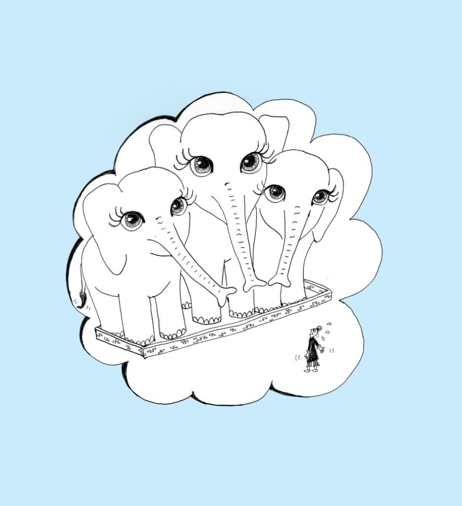 "Three giant blue-eyed elephants over a tiny fence" — Illustrated by Sofie Fribo
