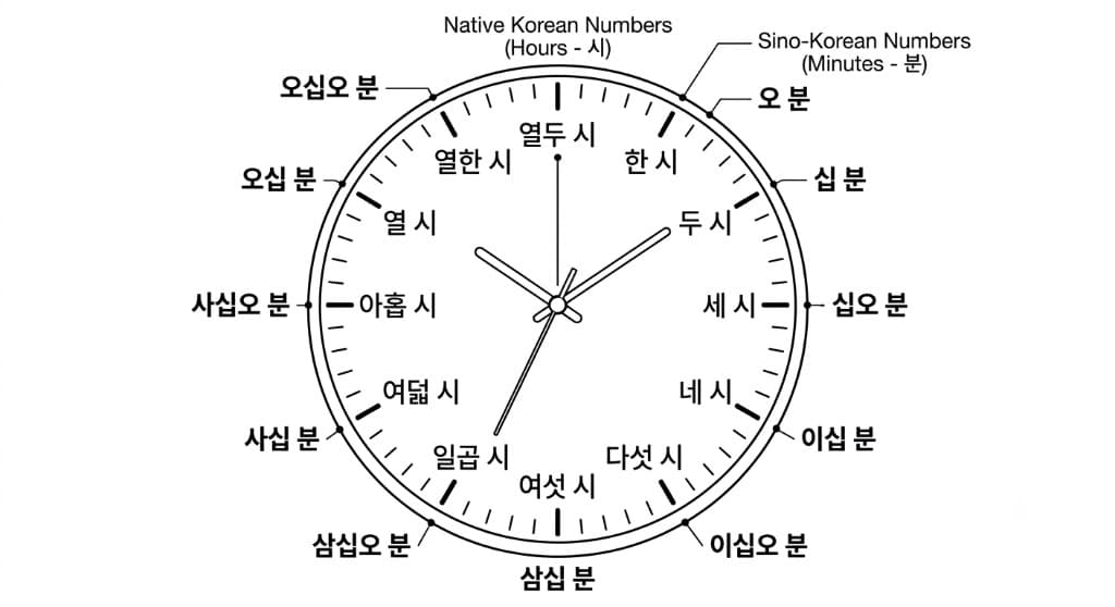 Inner ring: Native Korean **시** (hours). Outer ring: Sino-Korean **분** (minutes at five-minute marks).