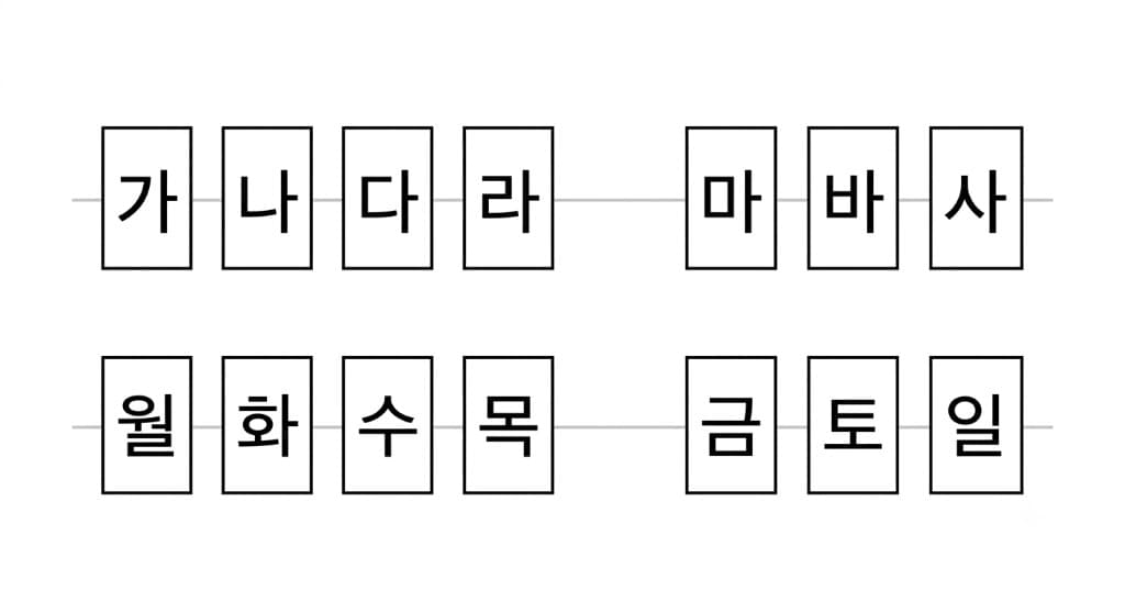 Alphabet order (**가나다라** + **마바사**) and days of the week (**월화수목** + **금토일**) share the same **4-3** beat structure.