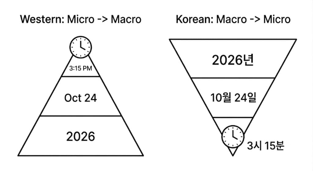 Western: minute first, year last. Korean: **2026년** → **10월 24일** → **3시 15분** — map before the pin.