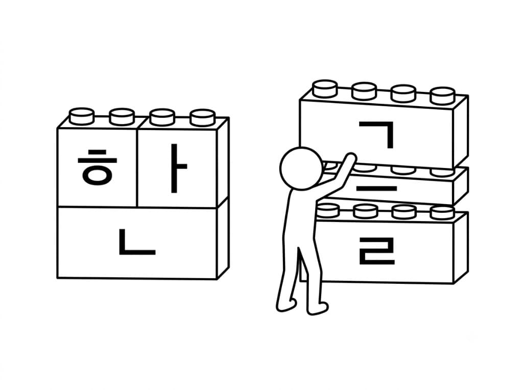 Hangul jamo drawn as Lego bricks: ㅎ, ㅏ, and ㄴ locked into the syllable 한, and a figure stacking ㄱ, ㅡ, and ㄹ