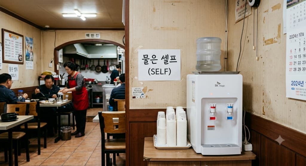 물은 셀프 (SELF) — taped above the water purifier in a Seoul 백반집; customers fetch their own cups and water